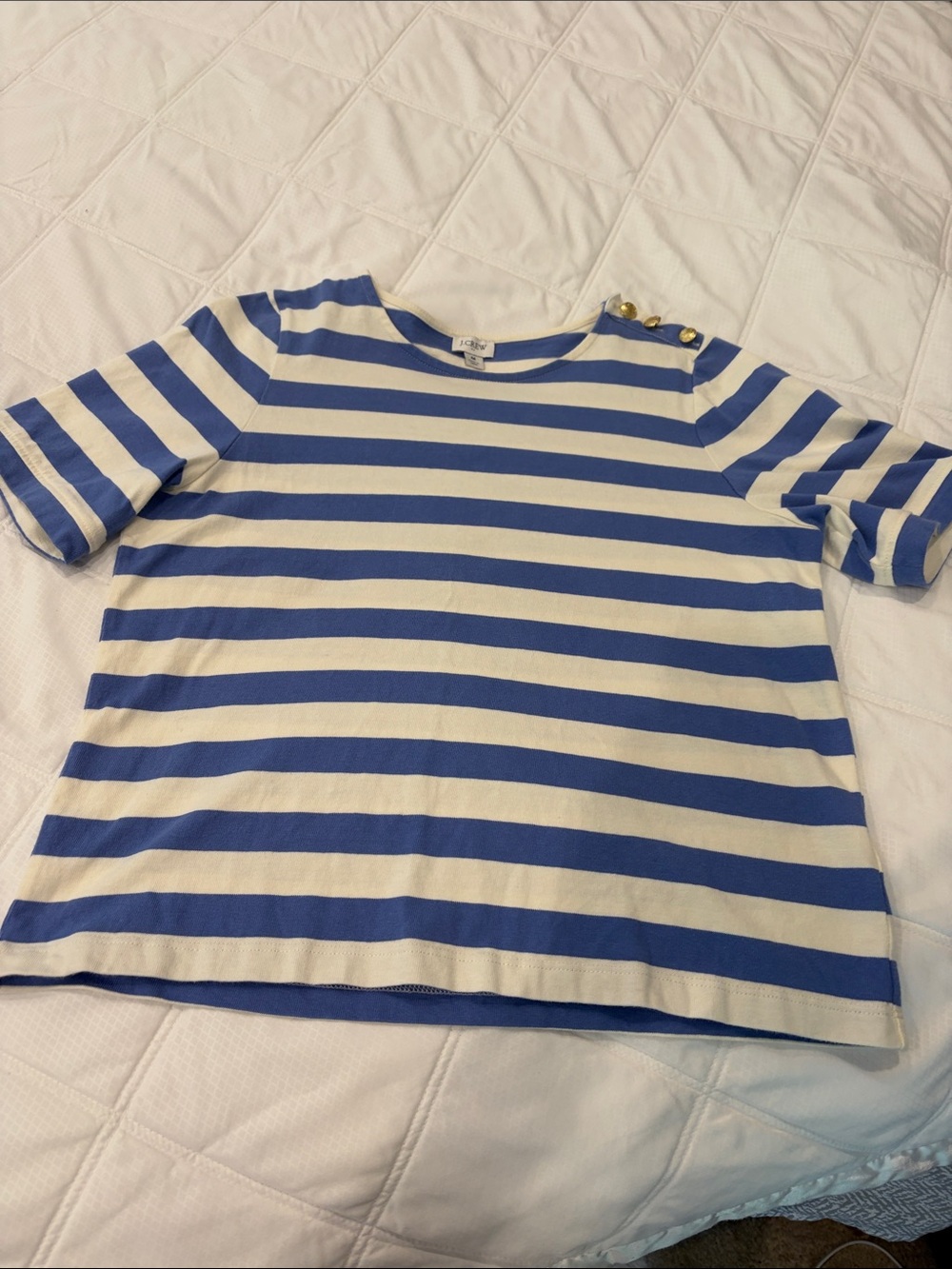 J. Crew Blue and White Striped Short Sleeve Tee with Gold Buttons
